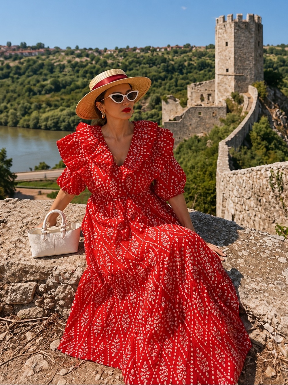 ZARA DRESS WITH CUTWORK EMBROIDERY PUFF SLEEVES MIDI RED